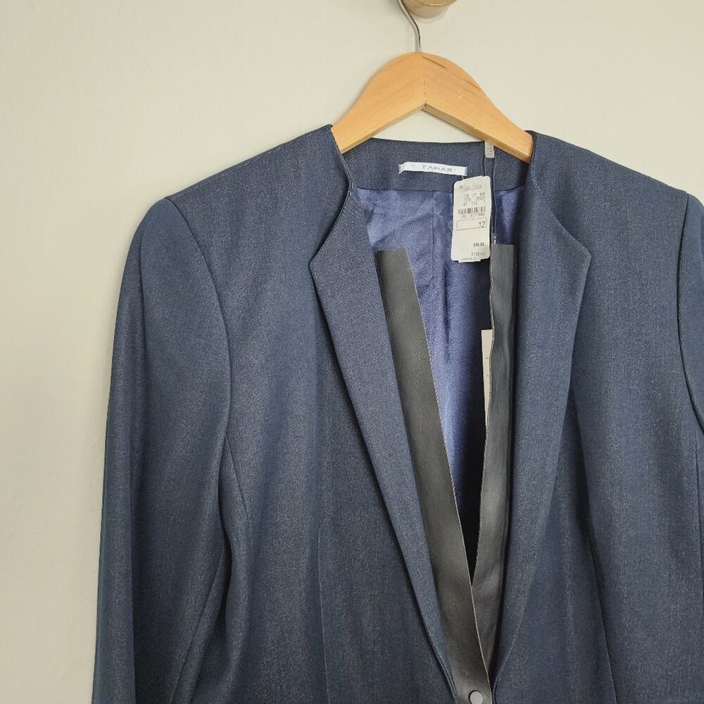 Tahari Griffin Indigo Blue Single Breasted Blazer NWT Faux Leather Trim 12 - Picture 2 of 11